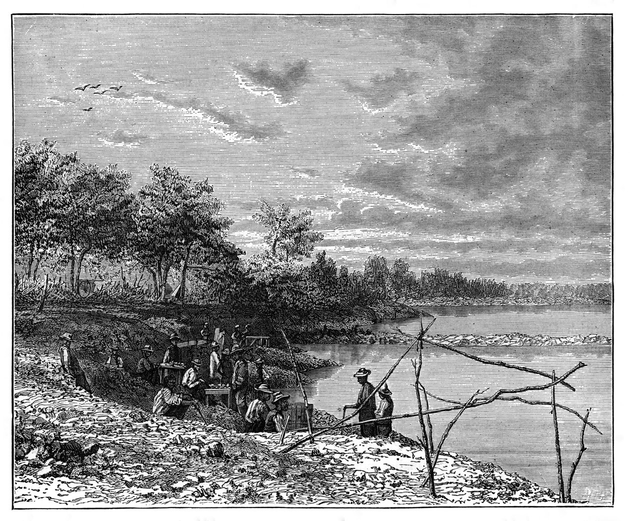 Zand wassen voor diamanten aan de oevers van de Vaalrivier, Zuid-Afrika, ca. 1890 door Unbekannt