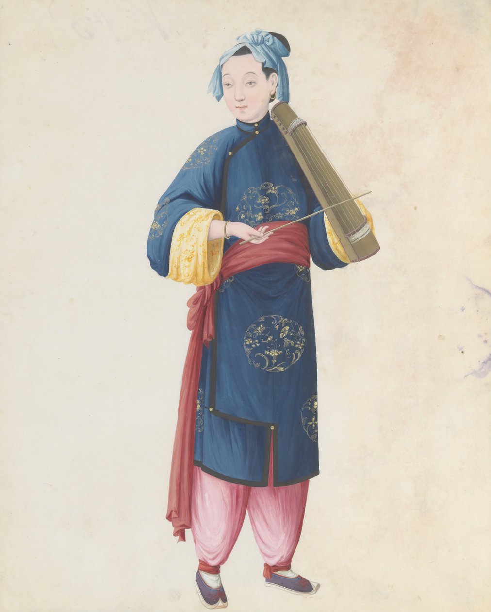 Aquarel van muzikant die qin speelt door Unbekannt
