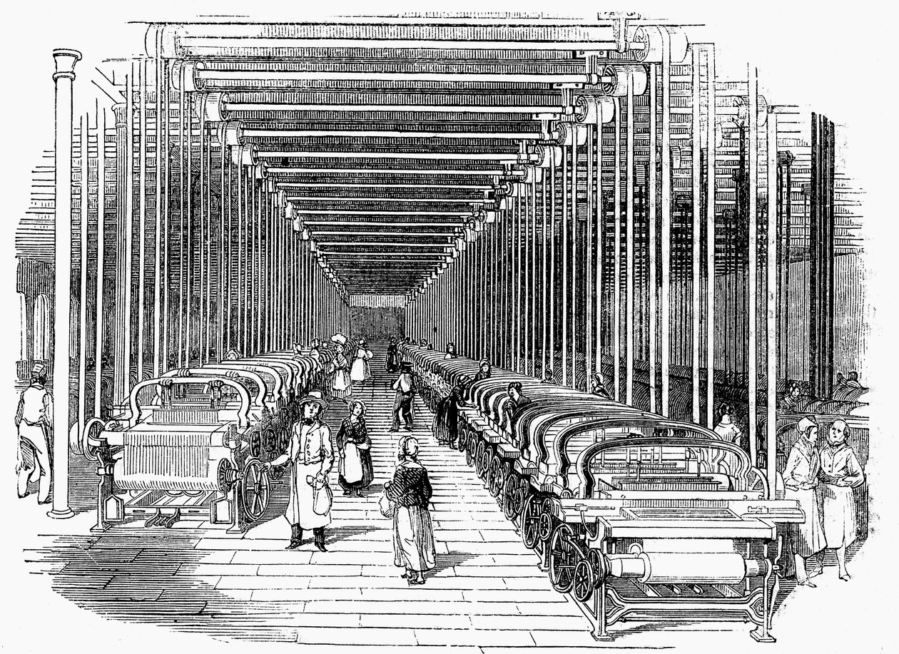 Weefschuur uitgerust met rijen machinale weefgetouwen aangedreven door riem en as, c1840 door Unbekannt