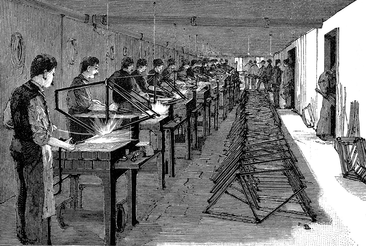 Lassen van fietsframes in een Amerikaanse fabriek, 1900 door Unbekannt
