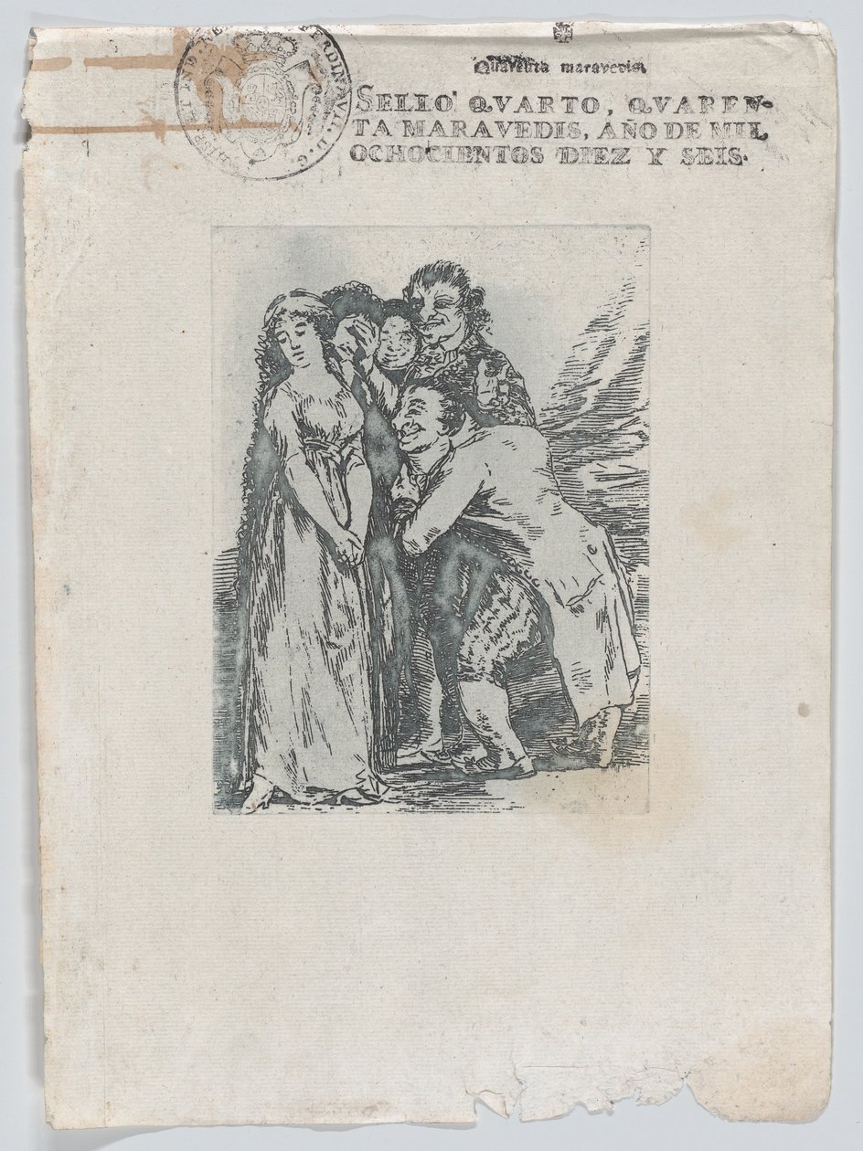 Wat een offer, een jonge vrouw omringd door een groep mannen, waaronder haar verloofde, na 1816 door Unbekannt