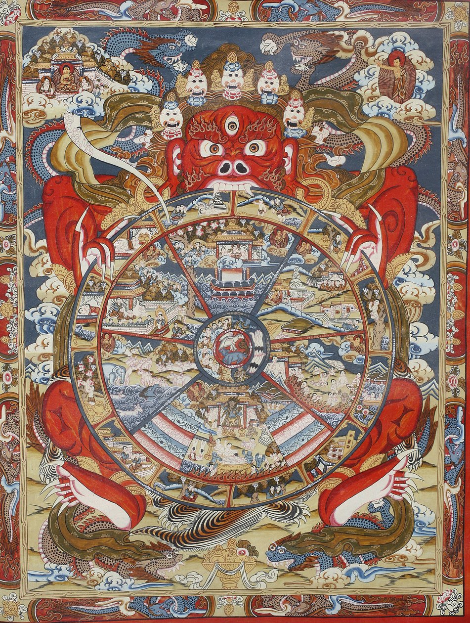 Wiel van het leven of wiel van Samsara (Mandala). Kopan klooster, Bhaktapur, Nepal door Unbekannt