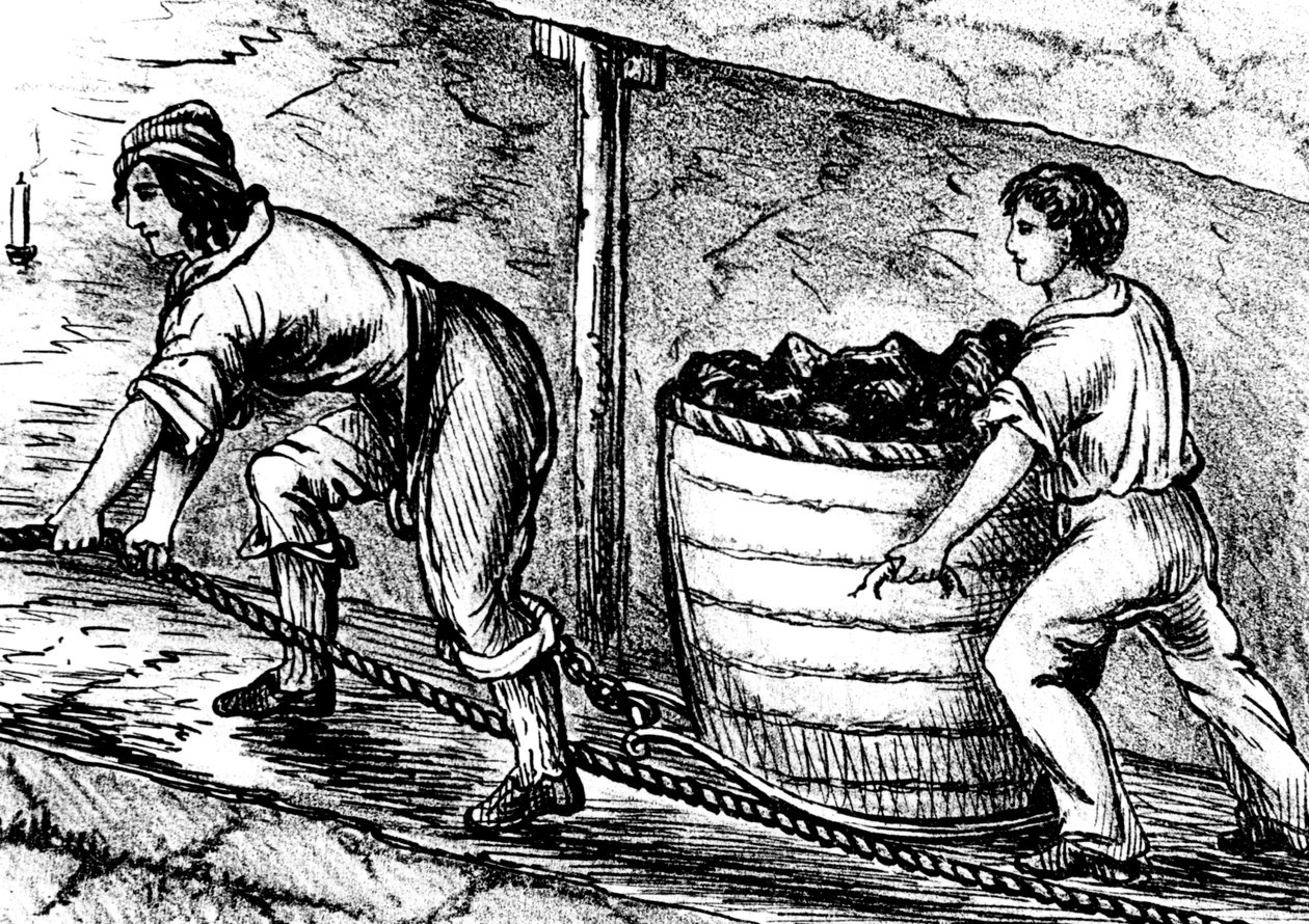 Vrouw en een jongen die werken in een kolenmijn, Bolton, Lancashire, 1848 door Unbekannt