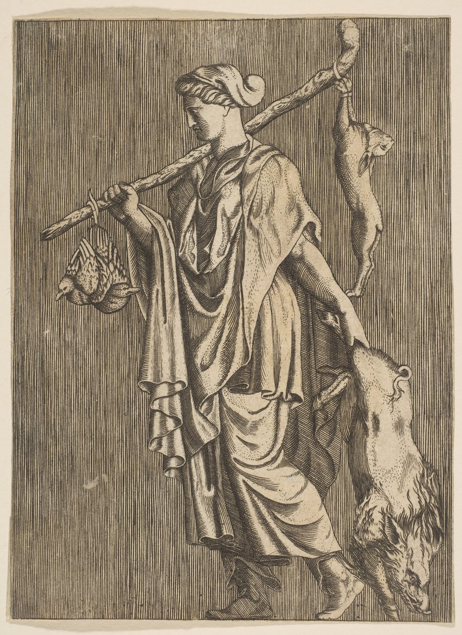 Vrouw die terugkeert van de jacht met een everzwijn in haar linkerhand en een stok in haar r..., ca. 1515-1600 door Unbekannt