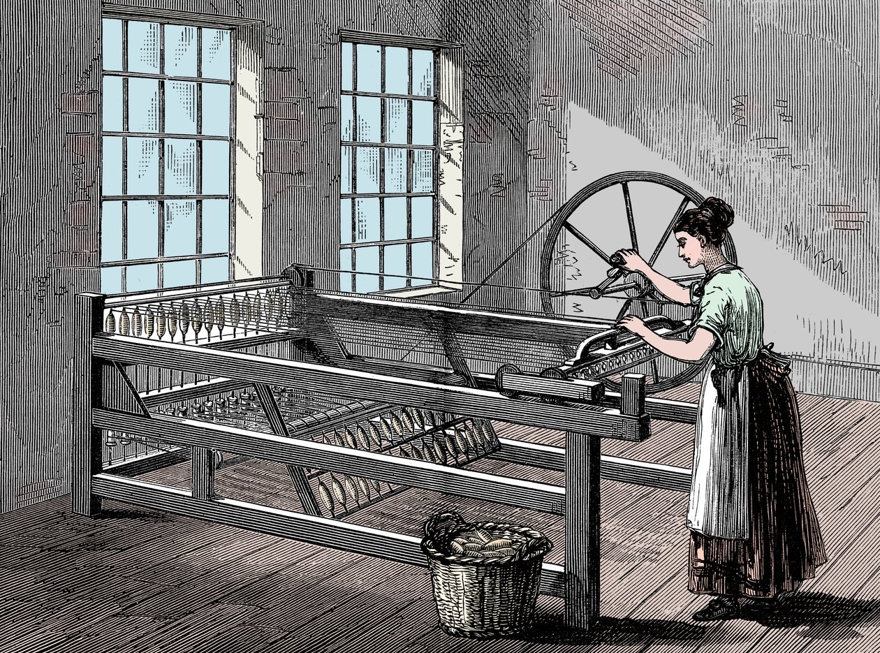 Vrouw die een Spinning Jenny gebruikt, ca. 1880 door Unbekannt