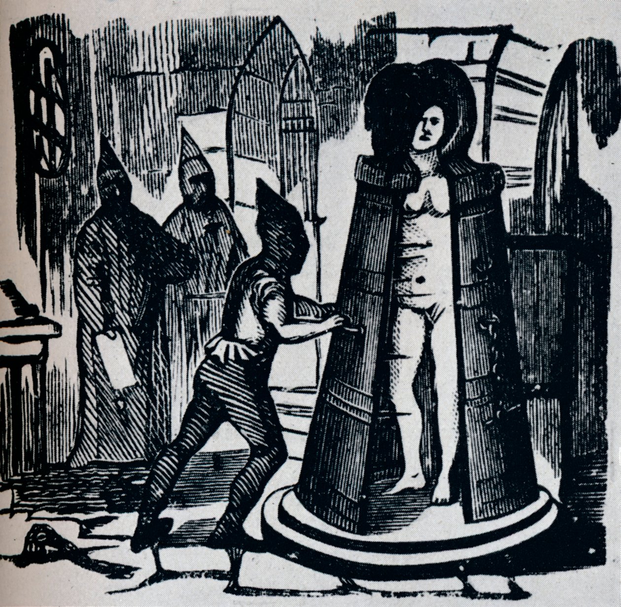 Houtsnede toont Geuders IJzeren Maagd in een martelkamer, ca. 1870 door Unbekannt