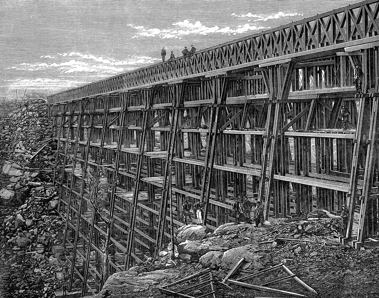 Houten schraagbrug op de Union Pacific Railroad, Dale Creek, Wyoming, VS, 1869 door Unbekannt