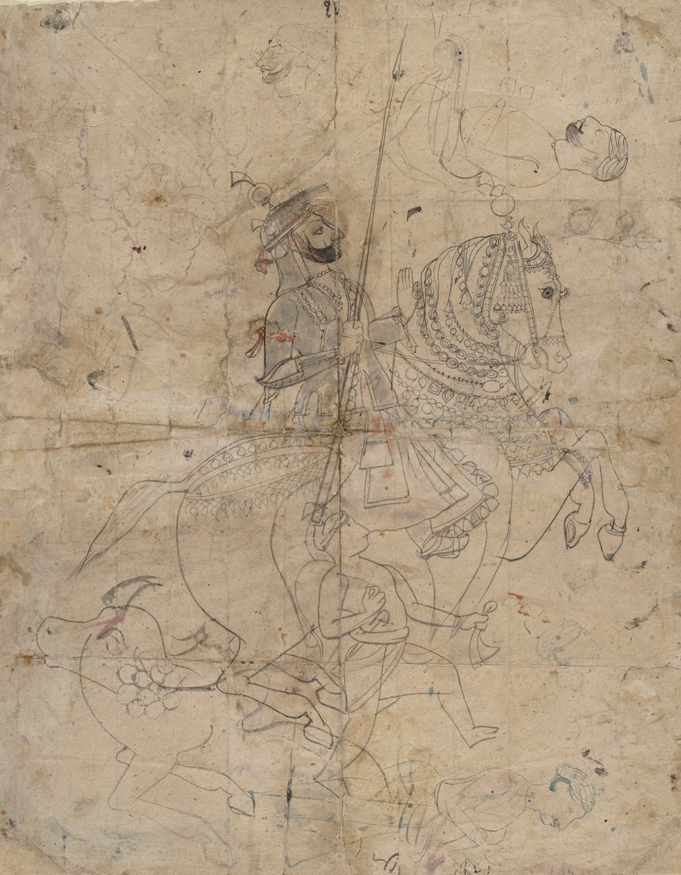Aanbidding van Brijnathji en Svamini recto, Ruiterportret verso, ca. 1800 door Unbekannt
