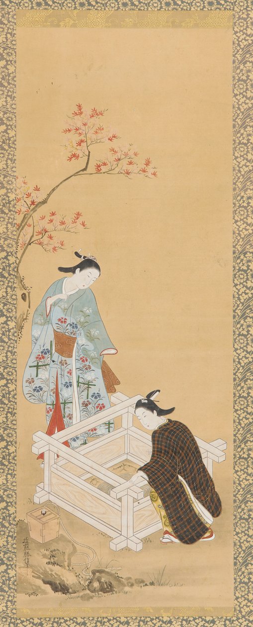 Jongeman en een meisje bij een bron, Edo-periode, 1615-1868 door Unbekannt