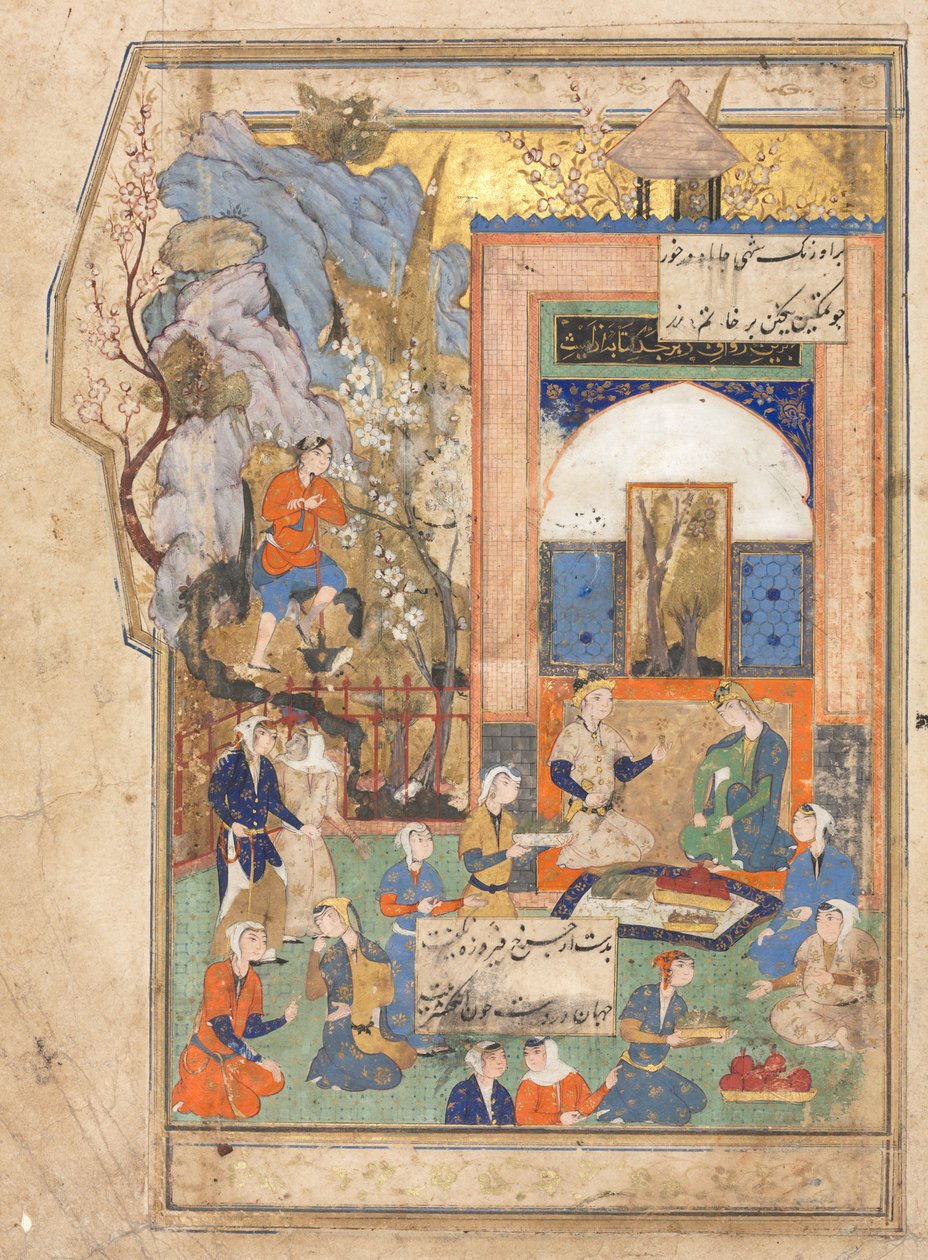 Yusuf en Zulaykha recto, Illustratie en Tekst Perzische Verzen in een Anthologie, c. 1556-65 door Unbekannt