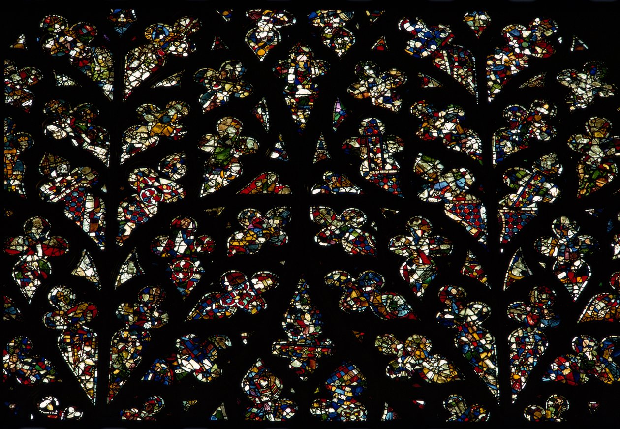 Abstracte patronen van fragmenten van 13e-eeuws glas-in-lood in het Bisschops oog raam, het Zuid roosvenster door Unbekannt Unbekannt
