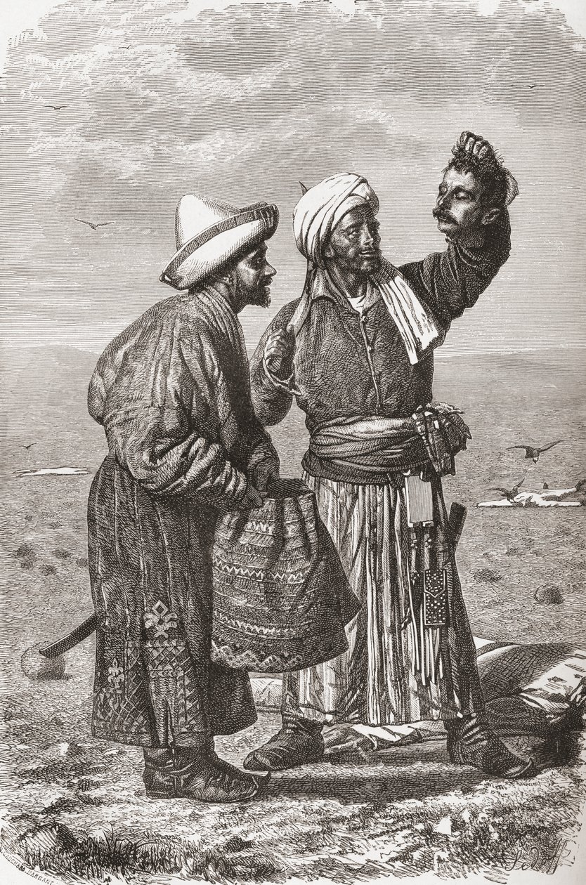 Een Afghaanse soldaat die het afgehakte hoofd van zijn vijand vasthoudt, illustratie uit 