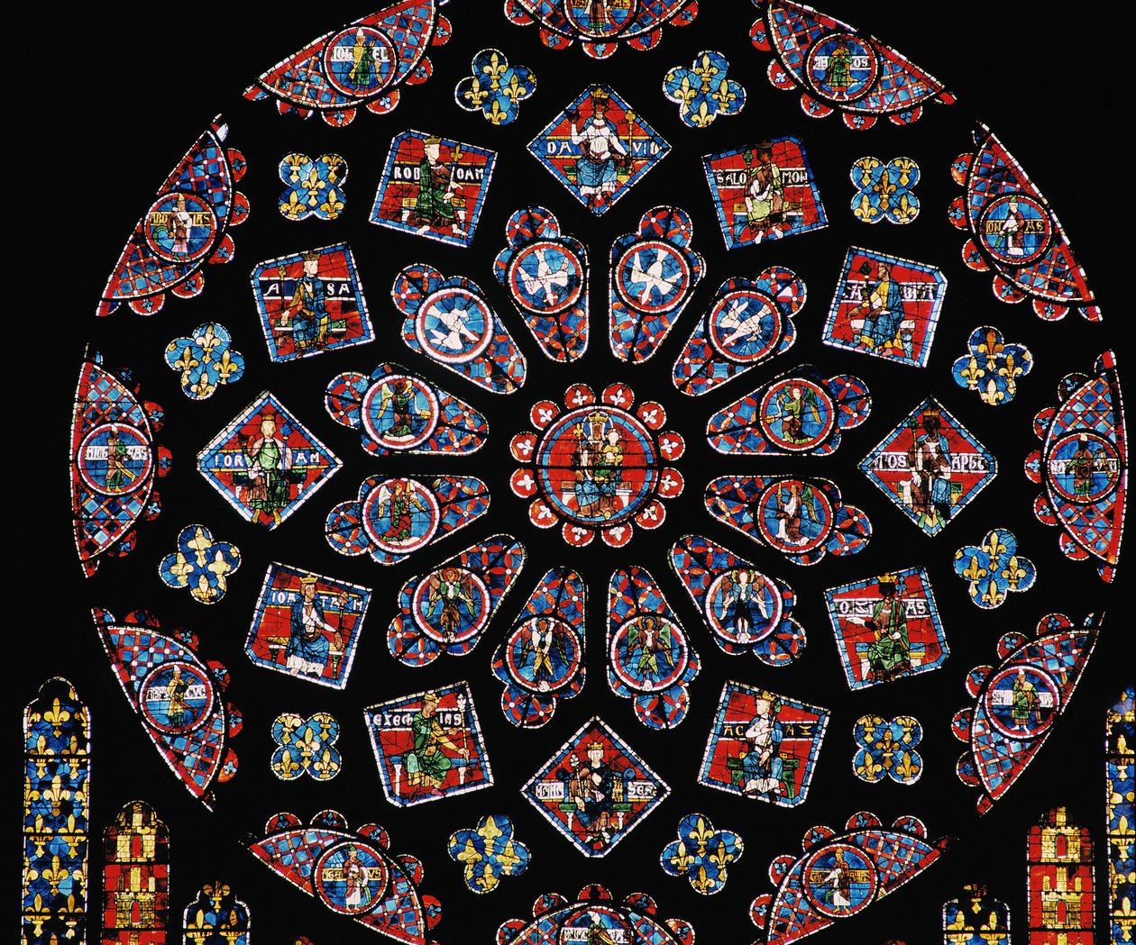 Verheerlijking van de Maagd Maria, met de wapens van Blanche van Castilië onder de roos, noordelijke roosvenster, ca.1223 door Unbekannt Unbekannt