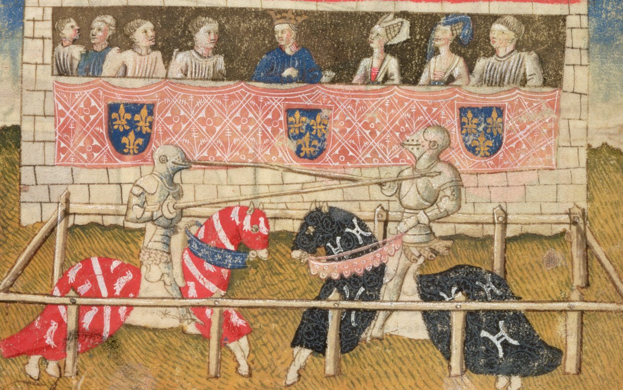 John Chalon van Engeland en Lois de Beul van Frankrijk in een steekspel, uit het Koninklijk Wapenboek Manuscript, 1448 door Unbekannt Unbekannt
