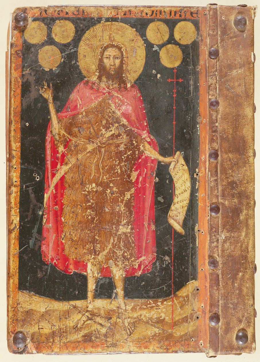 St. Johannes de Doper met Gouden Florijnen, van de omslag van Constituties en Statuten van het Gilde van Muntmeesters, c.1380 door Unbekannt Unbekannt