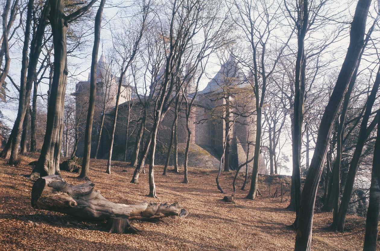 Uitzicht op Castle Coch, Zuid-Wales, vanuit het bos door Unbekannt Unbekannt