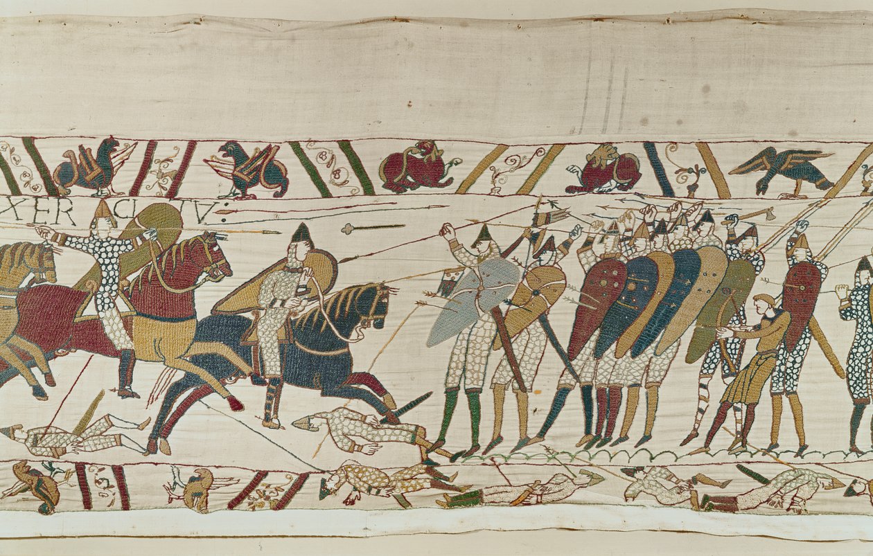De slag begint als Normandische cavalerie de Engelse schildmuur aanvalt, Tapijt van Bayeux door Unbekannt Unbekannt