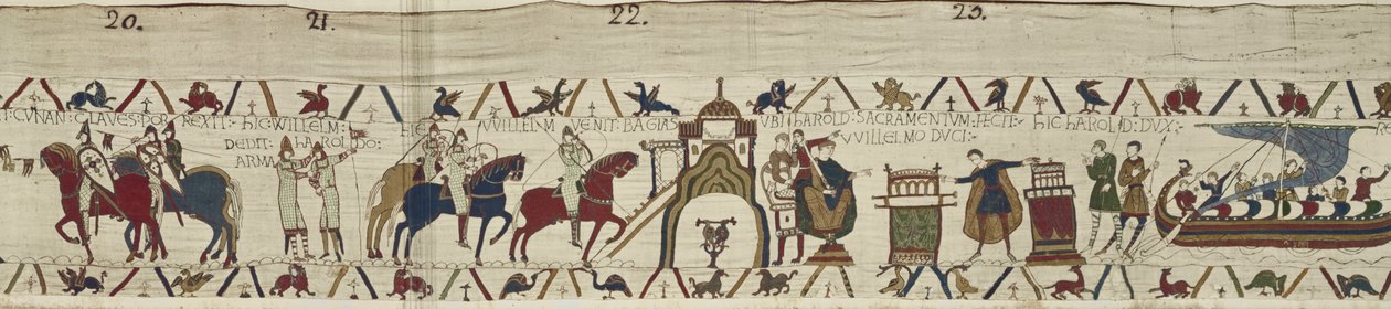 Hertog Willem accepteert de sleutels van Dinan en geeft wapens aan Harold die trouw zweert aan Willem, Tapijt van Bayeux door Unbekannt Unbekannt