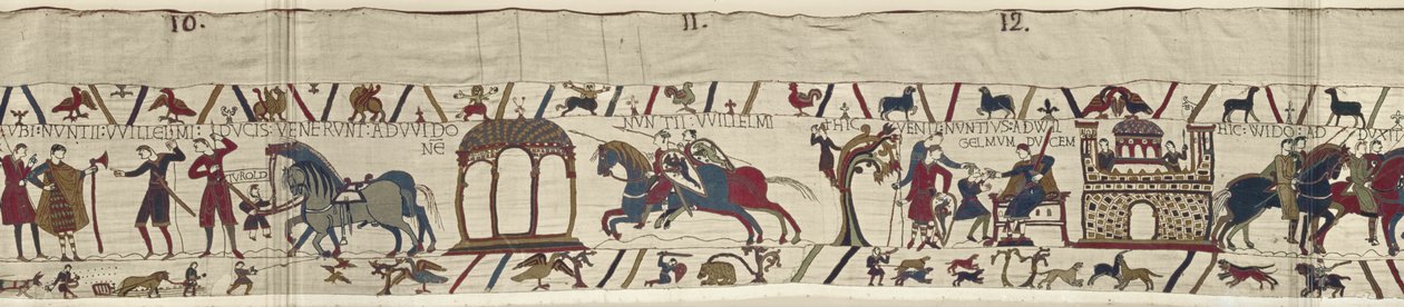 Gezanten van hertog Willem worden naar graaf Guy gestuurd en keren terug met een boodschap, Tapijt van Bayeux door Unbekannt Unbekannt