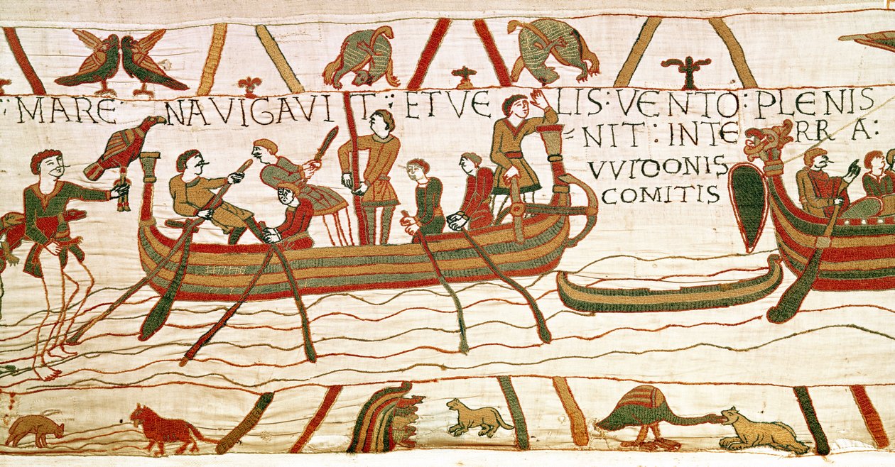Harold steekt het Kanaal over naar het gebied van Graaf Guy van Ponthieu, Tapijt van Bayeux door Unbekannt Unbekannt