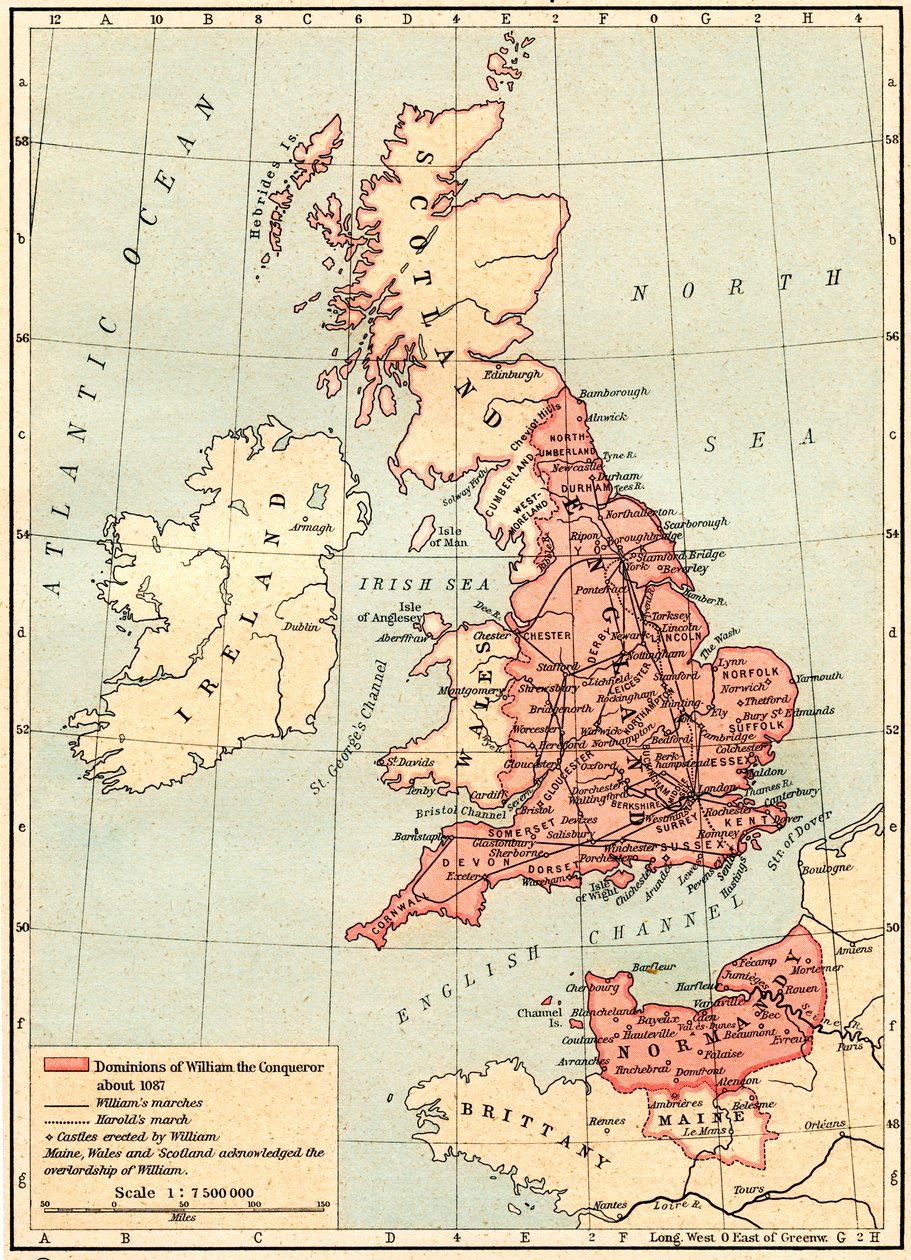 Kaart van Groot-Brittannië met de heerschappijen van Willem de Veroveraar, ca. 1087, uit Historische Atlas, gepubliceerd 1923 door Unbekannt Unbekannt