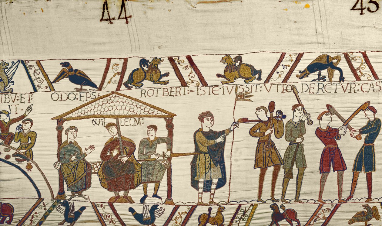Willem, met Robert de Mortain en bisschop Odo beveelt versterkingen te bouwen in Hastings, Tapijt van Bayeux door Unbekannt Unbekannt