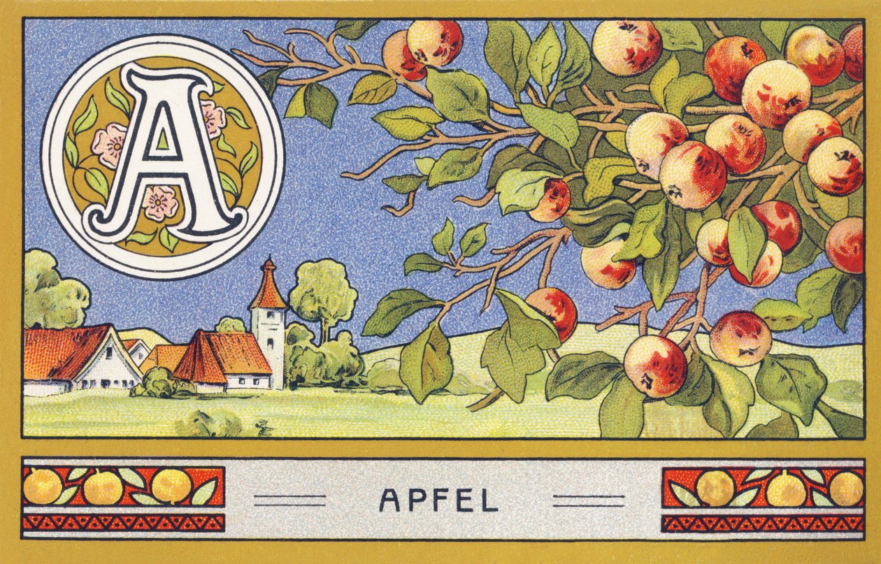 A : Apfel - Alfabet Palmin. Serie chromolithografieën uitgegeven door H. Schlinck & Cie, Hamburg, s. d. . Reclame voor Palmin feinstes Cocosfett. Afmetingen: 7 x 11 cm door Unbekannter Künstler