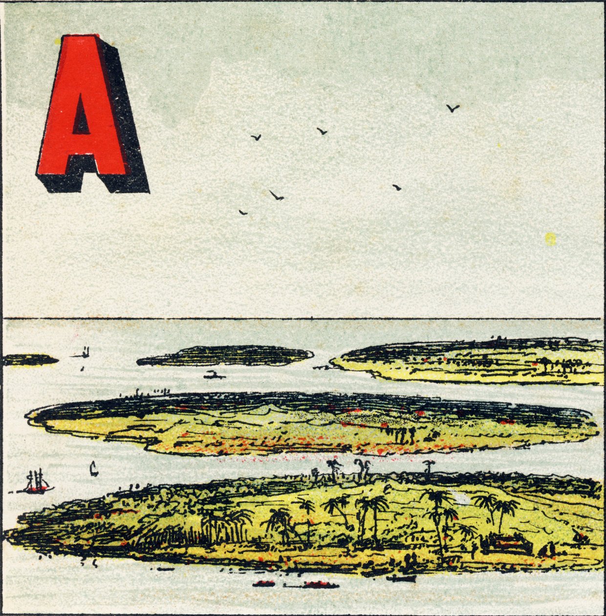 A : Archipel. Het is een groep eilanden in dezelfde zee - Gravure uit Alphabet geographique. Guerin-Muller et Cie, uitgevers, Parijs door Unbekannt