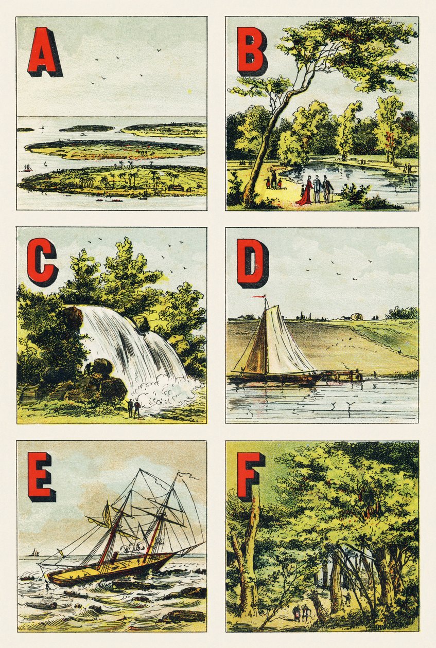 A B C D E F - Archipel, Bois de Boulogne, Waterval, Dijk, Rots, Fontainebleau Bos - Gravure uit Alphabet geographique, Guerin-Muller et Cie, Parijs door Unbekannt