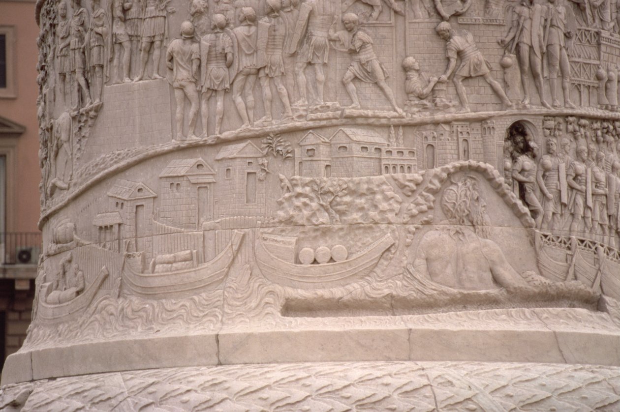 Een Romeinse Haven en de Constructie van een Romeins Kamp, van de Zuil van Trajanus, 2e eeuw na Chr. (gehouwen steen) (detail) door Unbekannt