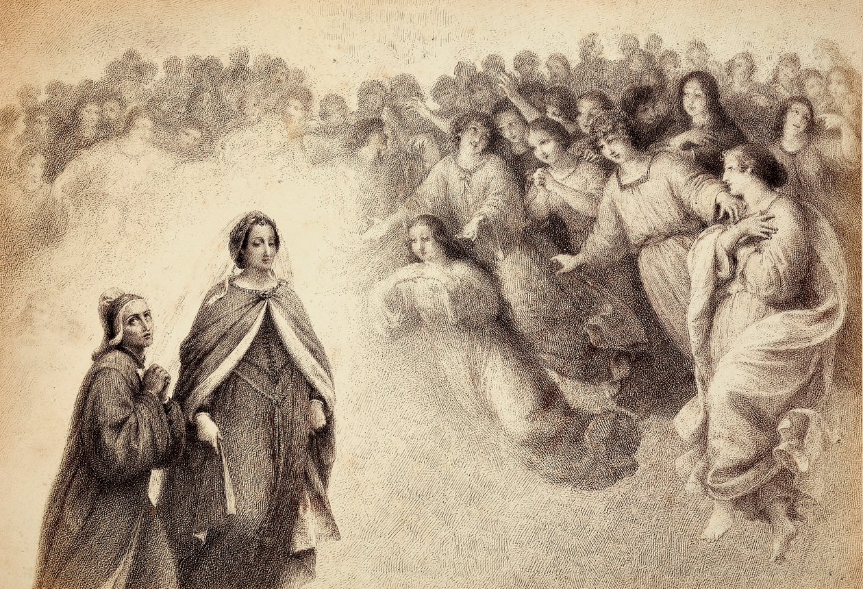 Een zwerm schaduwen nadert Dante en Beatrice. Illustratie van Canto V in Paradiso van De Goddelijke Komedie door Dante Alighieri. Werk van Francesco Scaramuzza gewijd aan de gemeente Florence. door Unbekannter Künstler