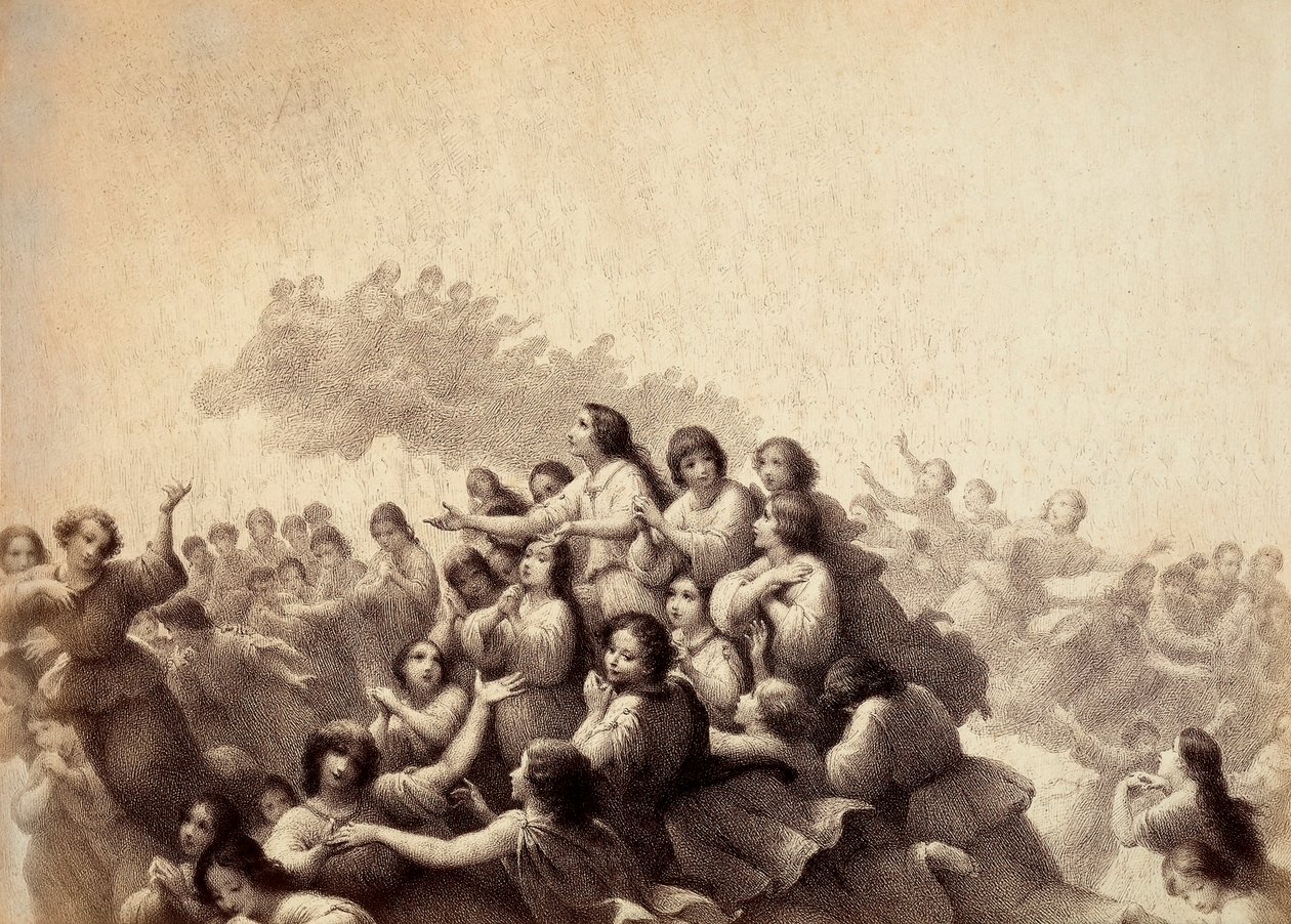 Een zwerm zielen vliegt door het firmament van het Paradijs. Illustratie van Canto III in Paradiso van De Goddelijke Komedie door Dante Alighieri. Werk van Francesco Scaramuzza gewijd aan de gemeente Florence. door Unbekannter Künstler