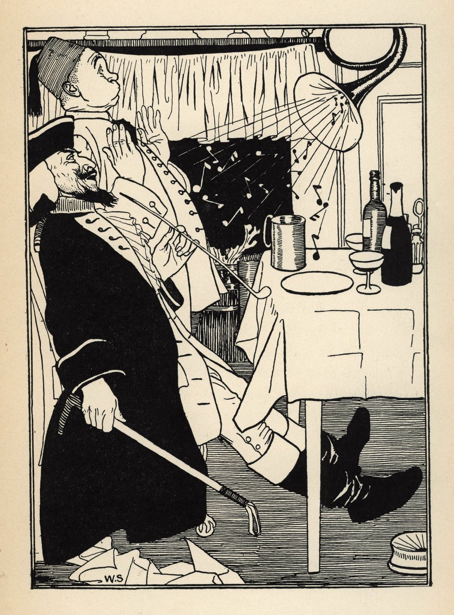 Een bevroren trompet produceert geluiden op zichzelf wanneer het opwarmt, tot vermaak en verbazing van iedereen. Illustratie door William Strang (1859-1921) en JB Clark uit 