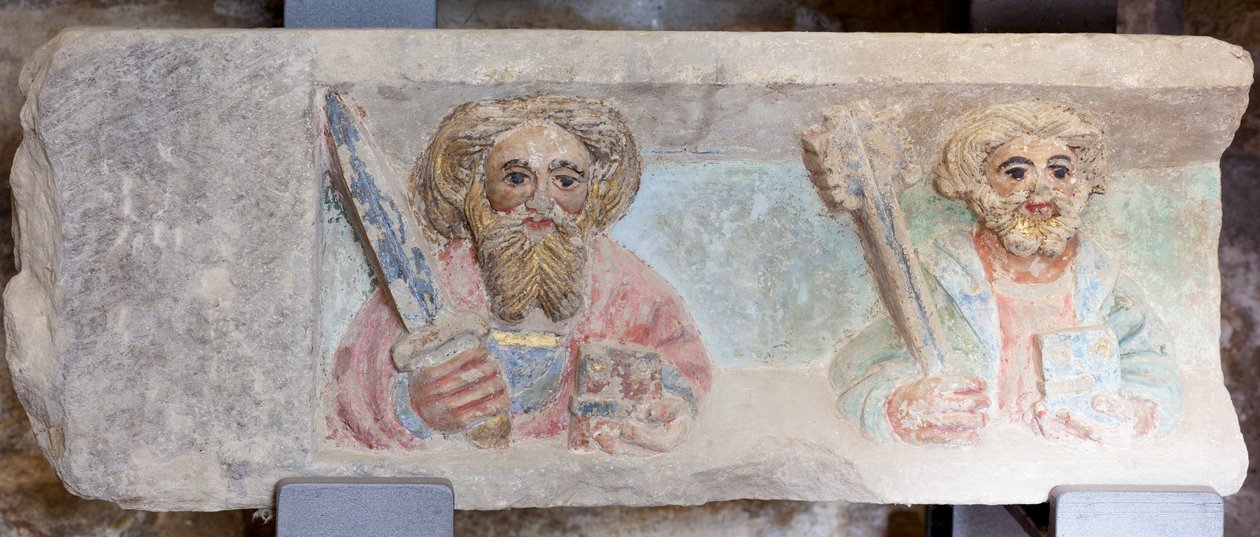 Altaarstuk. polychroom steen. Tweede helft 14e eeuw. Oorsprong voormalige parochiekerk van Torre de Rialb. Detail. Onderste register. Linker paneel. De evangelisten Paulus en Petrus. door Unbekannt