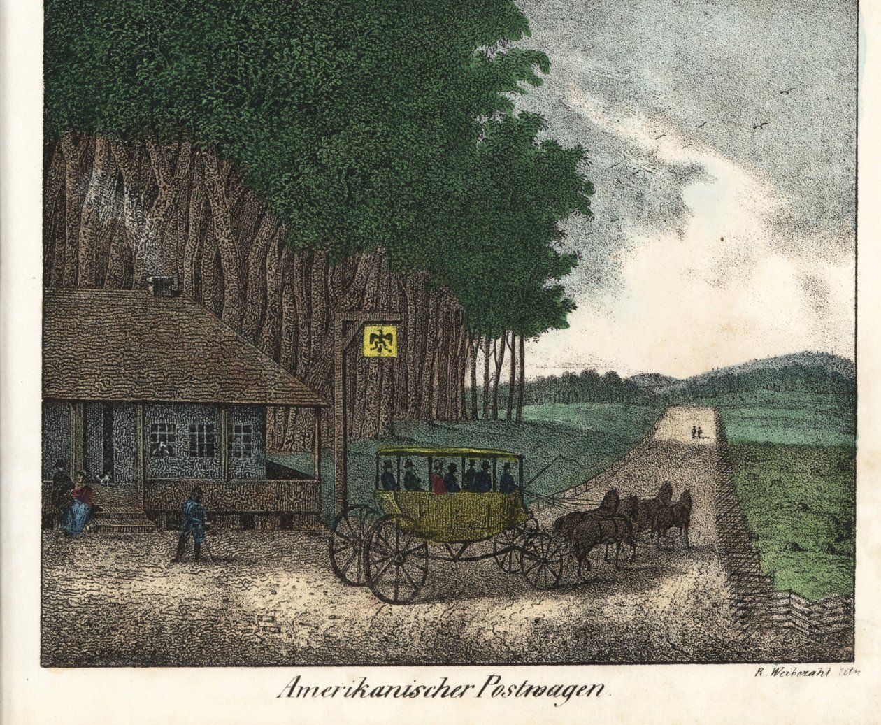 Een Amerikaans postkantoor en een diligence. Lithografie voor het boek: “Galerie complete en tableaux fideles des peuples d