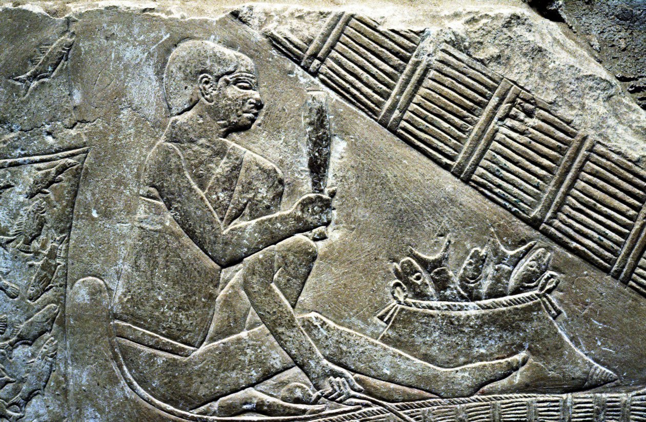 Oud Egypte: Saqqarah: necropolis van het Oude Rijk, graf van een edele. (detail) van reliëfs die een visser voorstellen door Leopold Blonder