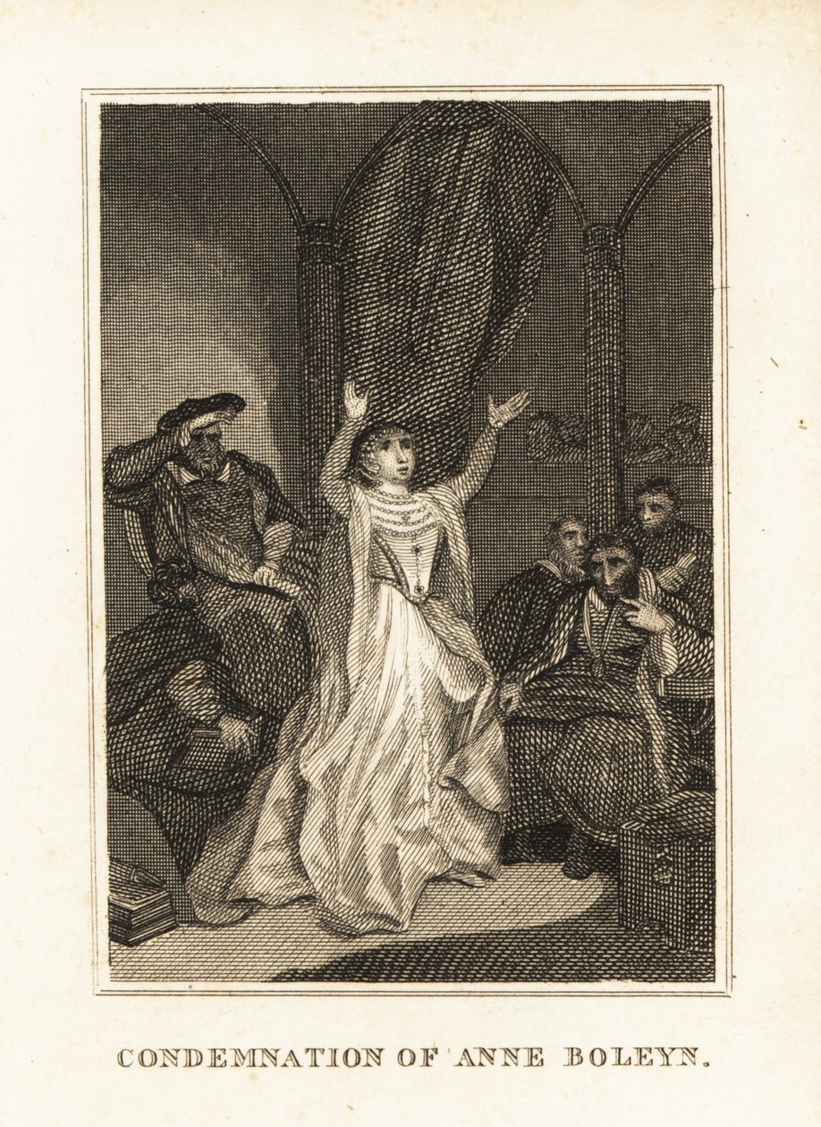 Anne Boleyn beschuldigd van overspel door Henry VIII in 1536. 1836 (gravure) door Unbekannter Künstler