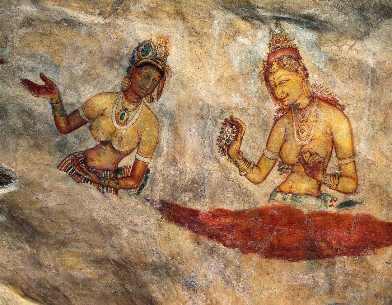 Apsaras, hemelse nimfen die bloemen aanbieden, fresco, versterkte citadel van Sigiriya (UNESCO Werelderfgoedlijst) door Alec Hunter