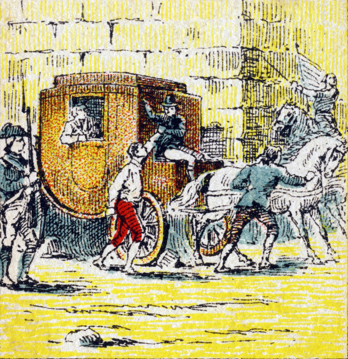 Arrestatie van Lodewijk XVI en zijn vluchtende familie in Varennes op 21 juni 1791. Gravure in "Histoire de France". Serie reclamebeelden uitgegeven namens Louit, circa 1920. door Unbekannt