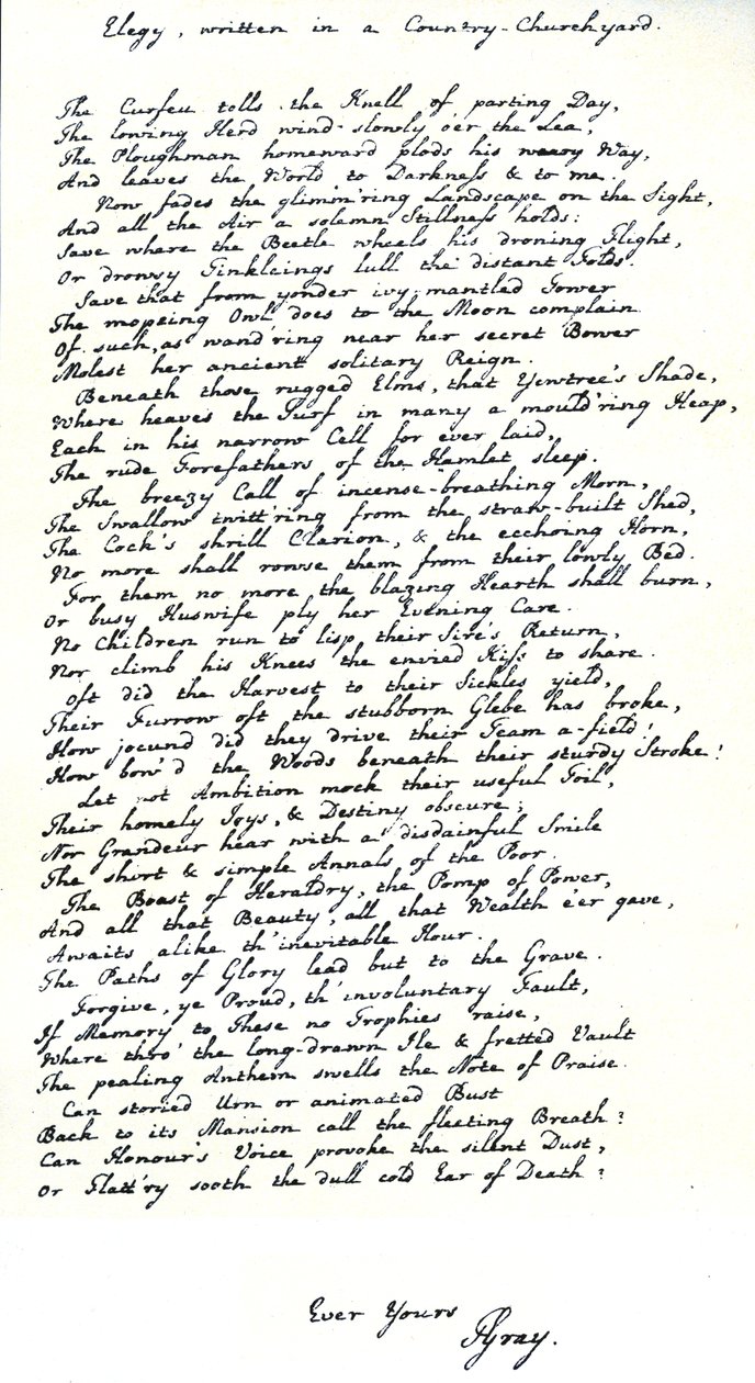 Autograaf exemplaar in het handschrift van de dichter, Thomas Gray, van zijn gedicht 