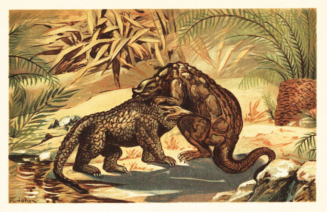 Gevecht tussen een Megalosaurus bucklandii en Iguanodon bernissar door Unbekannter Künstler