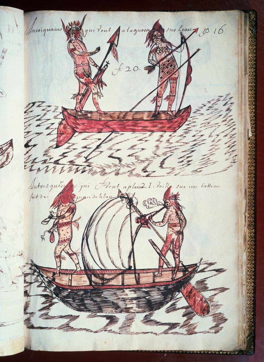 Boten van Indianen, pagina uit Codex Canadensis (1664-1675), manuscript op perkament door Louis Nicolas, Frankrijk door William M. Timlin
