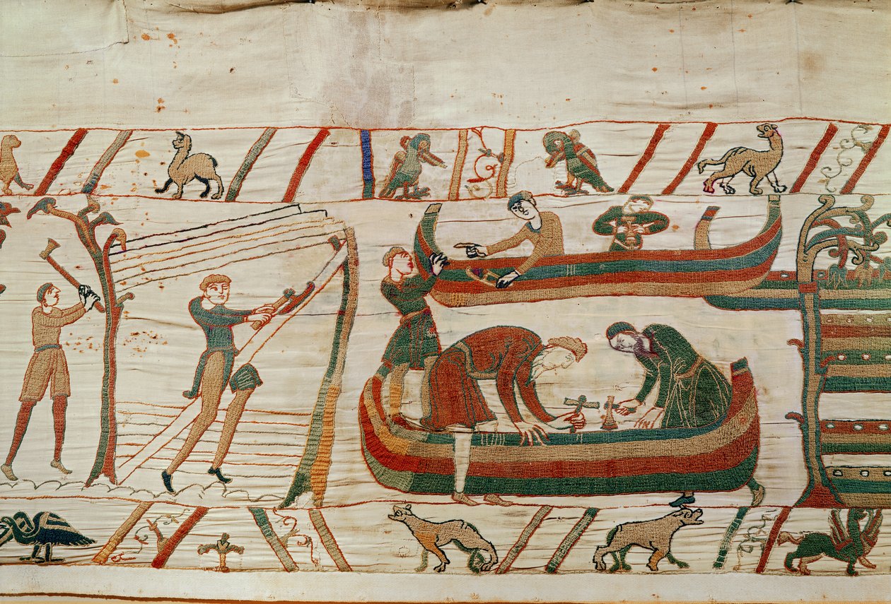 Schepen bouwen onder bevel van Hertog Willem, Bayeux Tapestry door Unbekannt