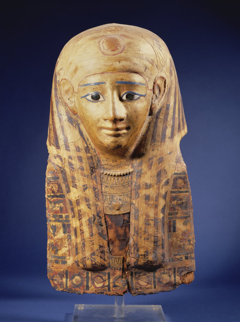 Cartonnage mummie hoofdtooi met lappet pruik, de ogen ingelegd met obsidiaan en albast, Egyptisch, Late Periode door Unbekannt