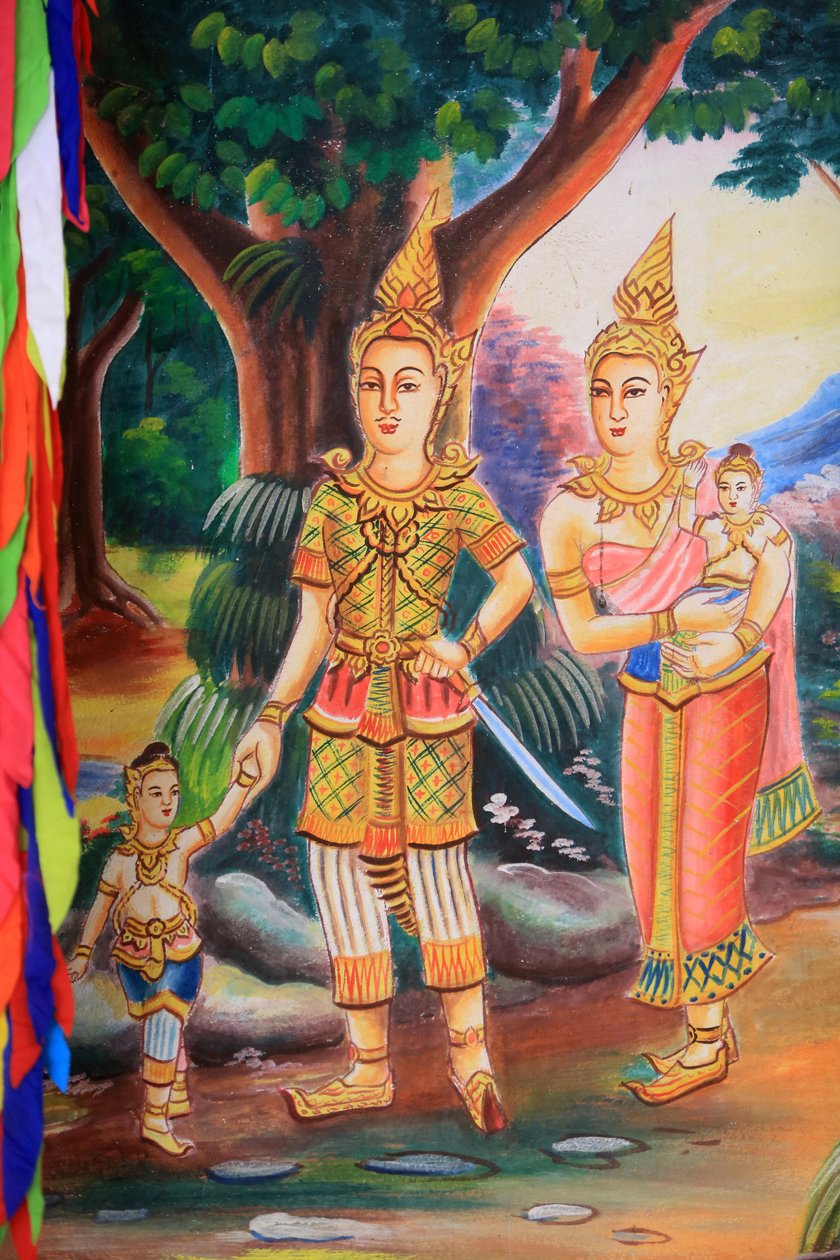 Plafondkunstwerk dat het leven van Boeddha uitbeeldt. Wat Si Sou Mang Karam Tempel. Vieng Vang. Laos, 20151102, Vieng Vang, Laos door Unbekannt