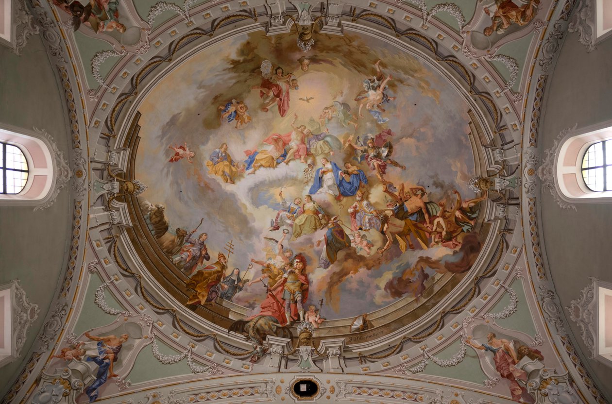 Plafondschildering, interieurfoto, St. George Katholieke Parochiekerk, Neustift, Stubaital, Tirol, Oostenrijk, Europa door Unbekannter Künstler