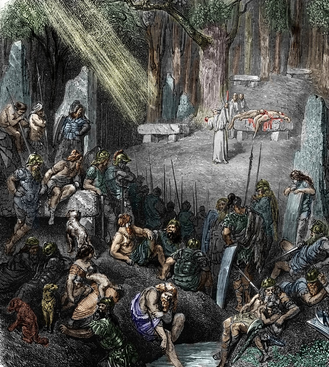 Keltische antiquiteit: Menselijk offer tijdens een ceremonie voorgezeten door een druïde in aanwezigheid van families en krijgers in een bos (gravure) door Leopold Blonder
