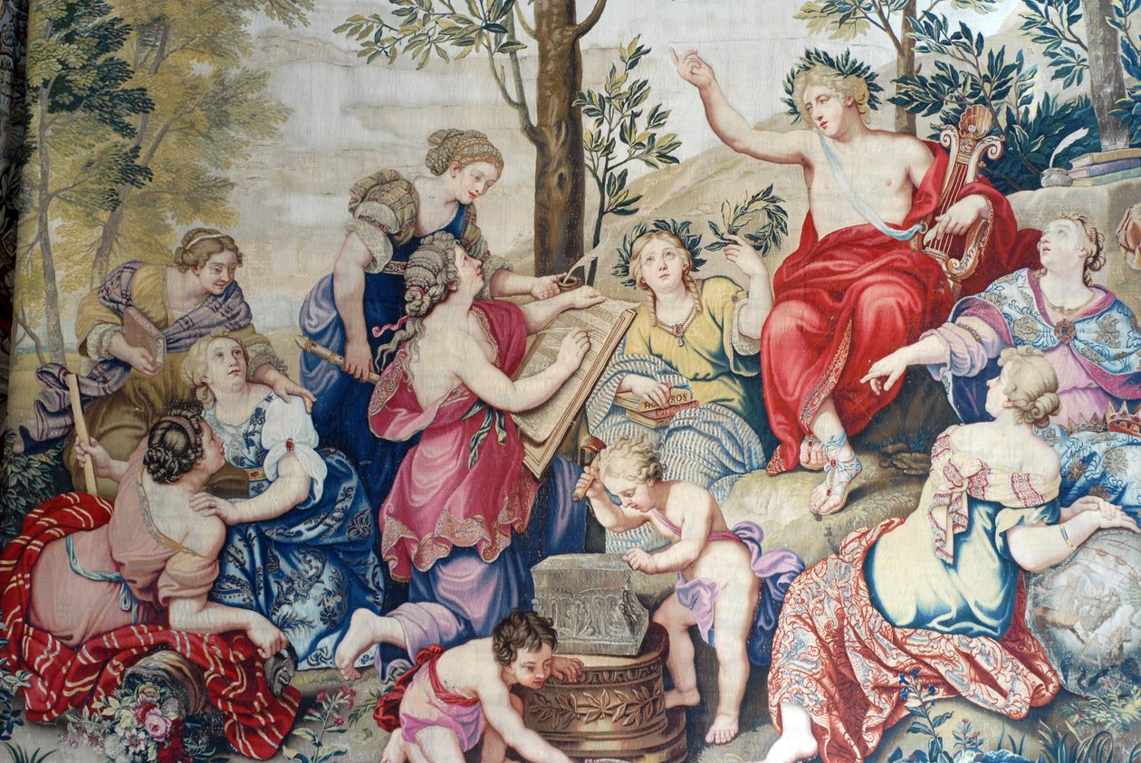 Chateau de Fontainebleau: detail, draperie geweven voor Lodewijk XIV in de Gobelins-fabriek vanaf 1687 na de grote schilderijen van Pierre Mignard in het Chateau de Saint Cloud voor Monsieur Philippe Duc d
