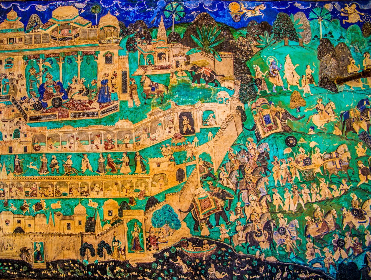 Chittra Shala binnenplaats met virtuoze fijne schilderijen, Taragarh Fort, Bundi, Rajasthan, India, Azië door Unbekannter Künstler