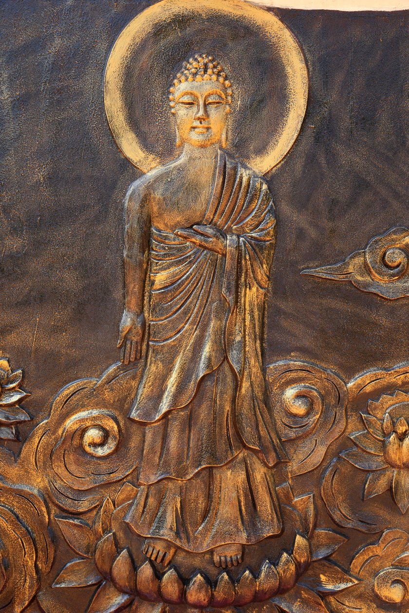 Chua Thien Lam Go boeddhistische pagode. Shakyamuni Boeddha. Varada mudra: gebaar van liefdadigheid. Thay Ninh. Vietnam door Unbekannt